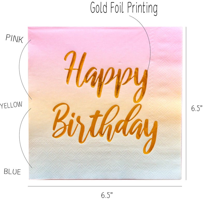 Partay Shenanigans Happy Birthday Napkins - 50 Pack Pastel Metallic Birthday Disposable Paper Napkins with Gold Foil Printing on Pink Yellow Blue Ombre Gradient for Cocktail Party Supplies - 6.5" x 6.5" inches - Image 2